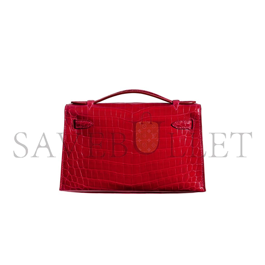 H**mes master shiny braise niloticus crocodile kelly pochette bag with gold hardware (22*14*7cm)